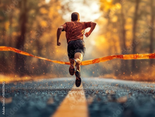 Inspire motivation by zooming in on a determined runner crossing the finish line photo