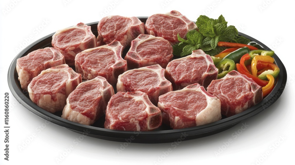 Fresh Lamb Chops on Black Platter with Colorful Pepper Garnish Fresh Lamb Chops on Black Platter with Colorful Pepper Garnish