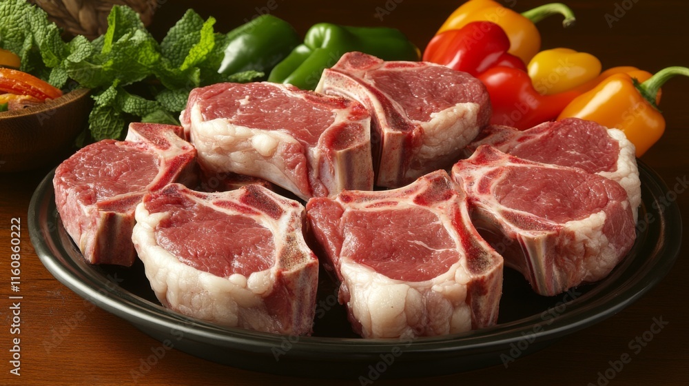 Fresh Lamb Chops on a Black Platter Surrounded by Colorful Vegetables Fresh Lamb Chops on a Black Platter Surrounded by Colorful Vegetables