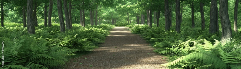 Obraz premium A serene forest path surrounded by lush greenery and ferns.