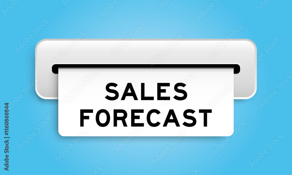 White coupon banner with word sales forecast from machine on blue color background White coupon banner with word sales forecast from machine on blue color background