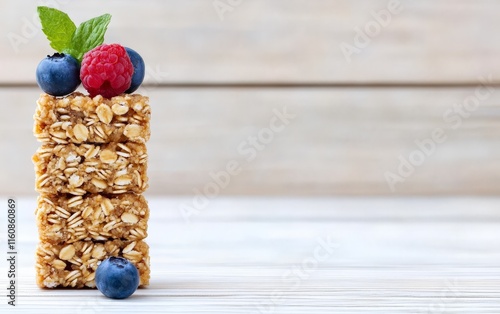 Stacked granola bars topped with fresh raspberries and blueberries on a rustic wooden background, offering a nutrient packed and visually wholesome snack photo