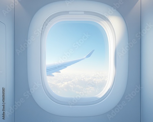 A view from the plane window revealing a small wingtip. A minimalist airplane view featuring the wingtip.