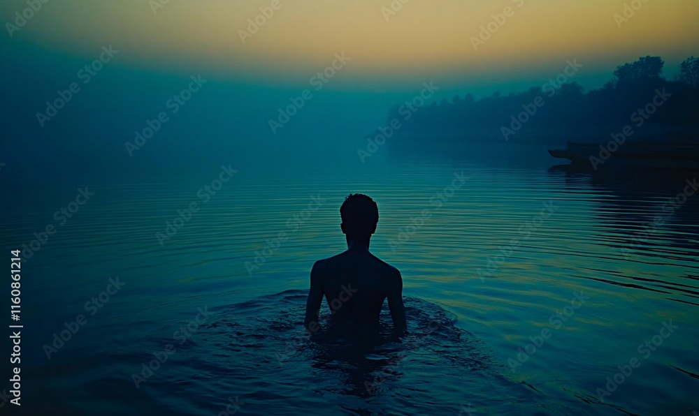 Silhouette of a person wading in a calm, dark blue lake at dusk. Silhouette of a person wading in a calm, dark blue lake at dusk.