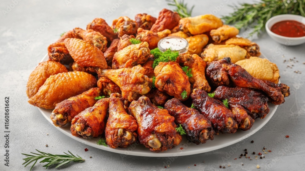 Delicious Assorted Chicken Wings on a Platter with Dipping Sauce Delicious Assorted Chicken Wings on a Platter with Dipping Sauce