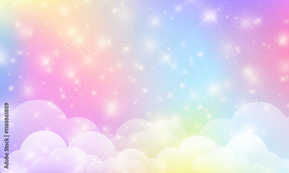 Vector illustration of pastel pink rainbow unicorn background, kawaii holographic abstract space or galaxy landscape and fantasy gradient backdrop with magic mermaid sky, cloud, sparkle, glitter bokeh