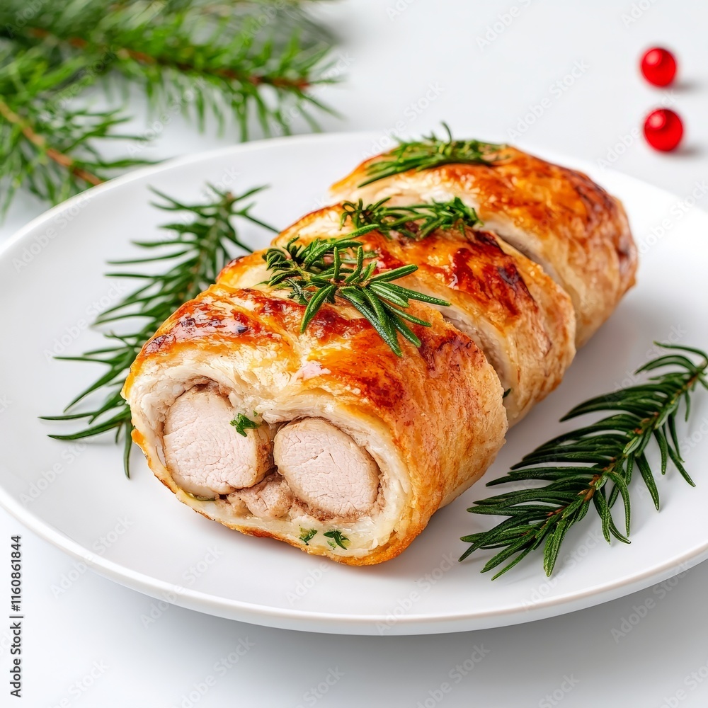 Chicken roulade with creamy filling, wrapped in golden puff pastry, served with rosemary sprigs on a white plate, showcasing holiday flavors in elegant detail Chicken roulade with creamy filling, wrapped in golden puff pastry, served with rosemary sprigs on a white plate, showcasing holiday flavors in elegant detail