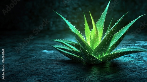 Glowing aloe vera plant on dark background.