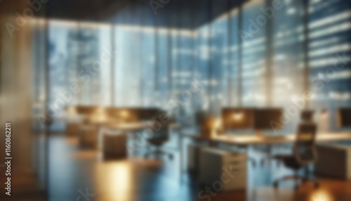 At night beautiful Abstract blurred office interior room. blurry working space with defocused effect