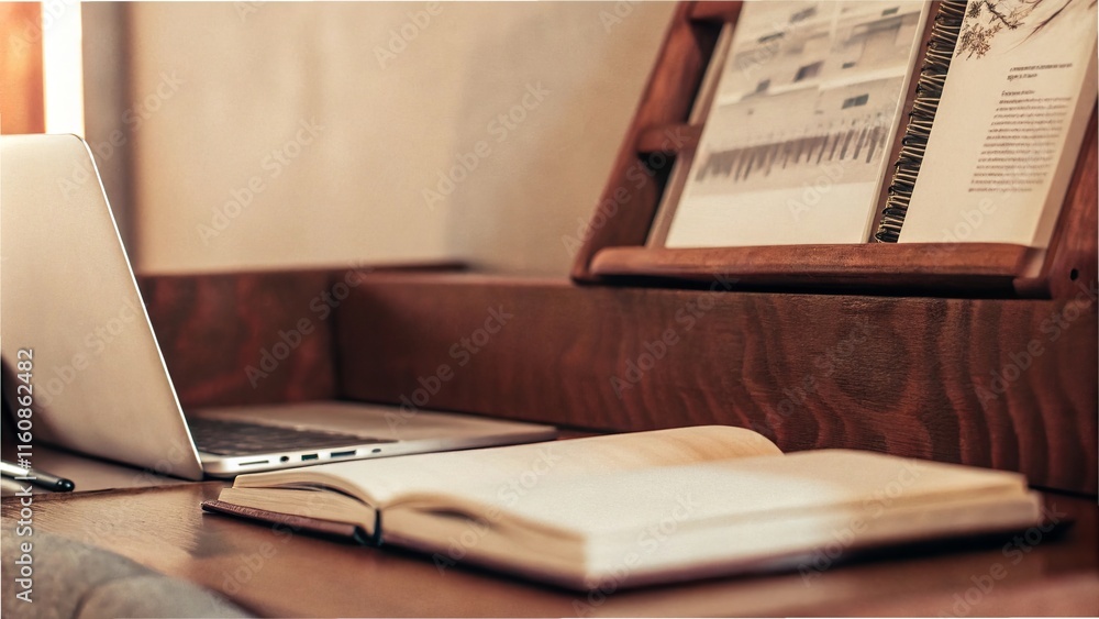 Obraz premium Cozy workspace with open notebook, laptop, and books on wooden desk