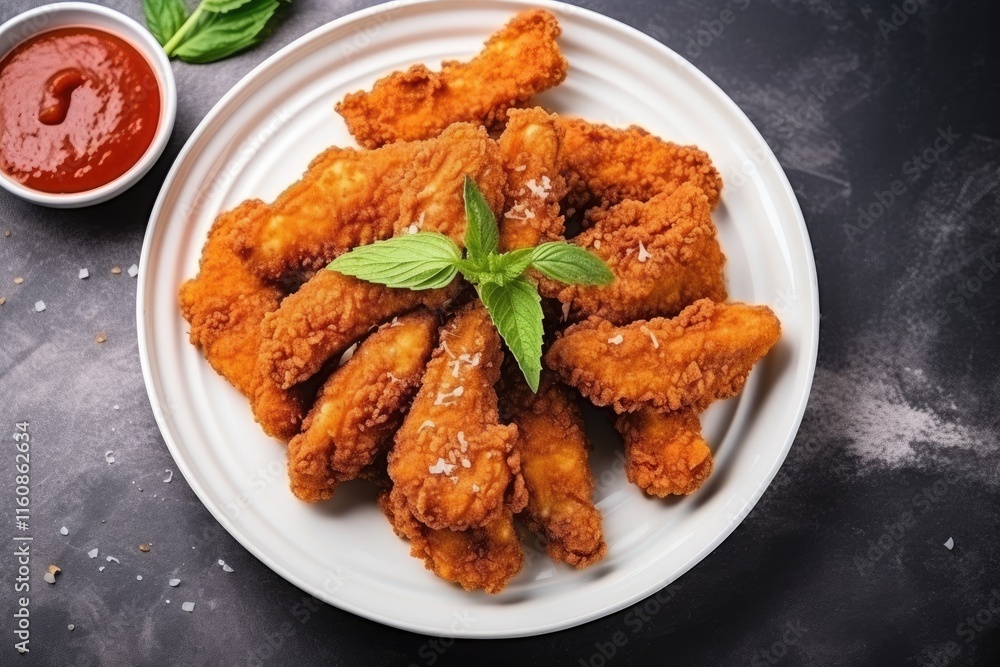 Delicious chicken strips with tomato sauce on plate atop concrete table seen from above Delicious chicken strips with tomato sauce on plate atop concrete table seen from above