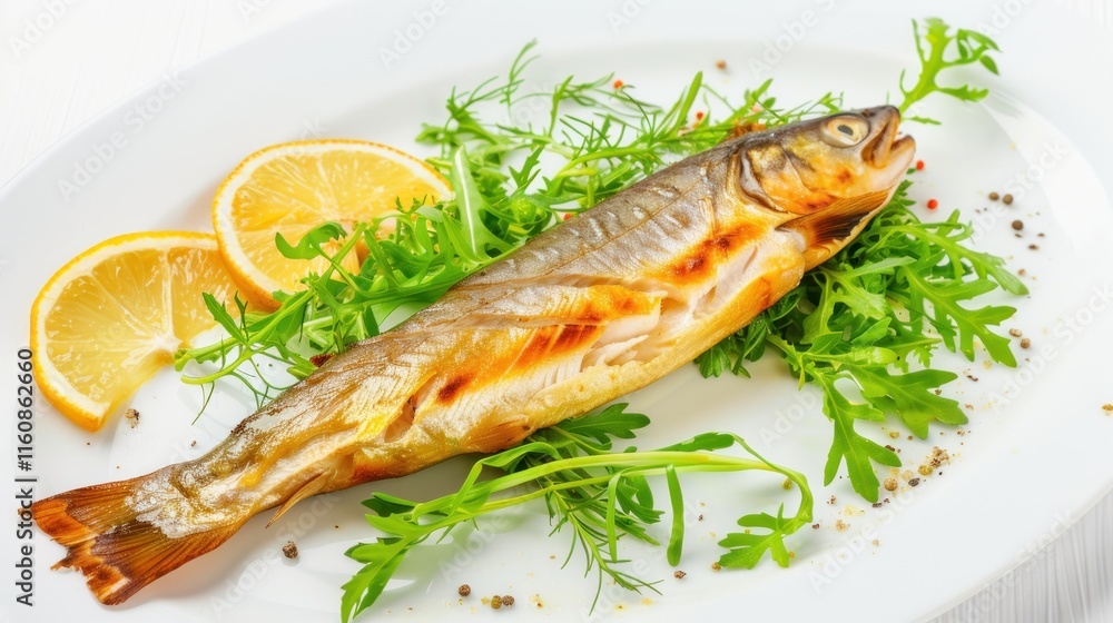 Grilled trout with lemon and herbs on a white plate. Grilled trout with lemon and herbs on a white plate.