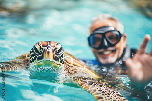 Smiling diver interacts with sea turtle in vibrant blue water, s photo