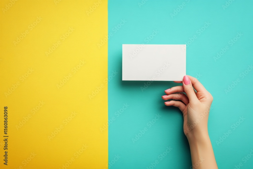 Fototapeta premium Hand holding a blank card against a vibrant turquoise and yellow background