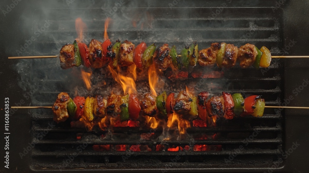 Grilled Skewers with Colorful Vegetables over Flames on Barbecue Grilled Skewers with Colorful Vegetables over Flames on Barbecue