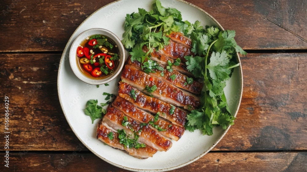 Grilled Meat Slices Served with Fresh Herbs and Chili Sauce Grilled Meat Slices Served with Fresh Herbs and Chili Sauce