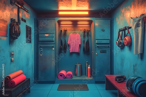 An open exercise locker reveals colorful gear: a yoga mat, protein shaker, headphones, and a folded tank top. The worn interior and bright lighting add realism, ideal for fitness ads or articles. photo