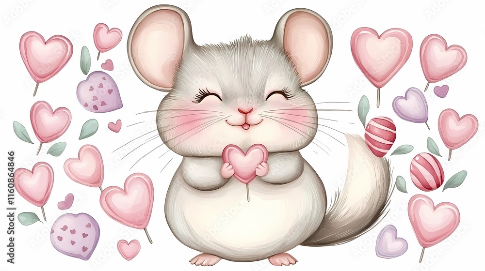 Watercolor pet valentine. Cute chinchilla holding a heart with hearts and candies around it, evoking love and joy. Watercolor pet valentine. Cute chinchilla holding a heart with hearts and candies around it, evoking love and joy.