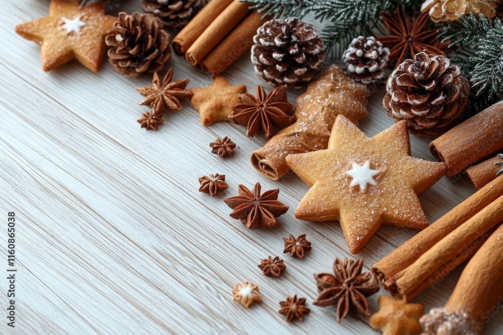 Christmas cookies decorated with stars, cinnamon, and pine cones create a festive winter atmosphere Christmas cookies decorated with stars, cinnamon, and pine cones create a festive winter atmosphere