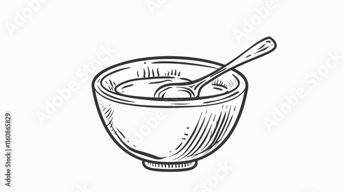 Hand drawn bowl of soup with spoon, doodle style outline illustration