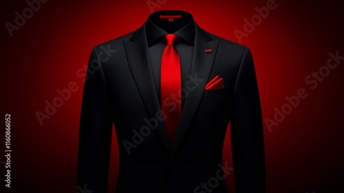 Black suit with red tie on red background.