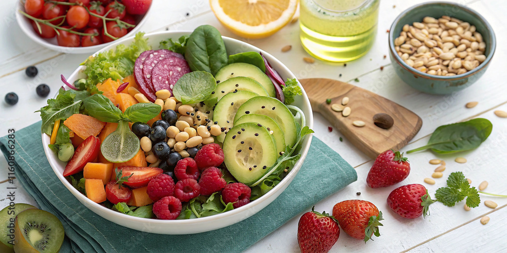 Fresh vegetable salad and healthy food with fruit, vegetables, pulses, herbs. Fresh vegetable salad and healthy food with fruit, vegetables, pulses, herbs.