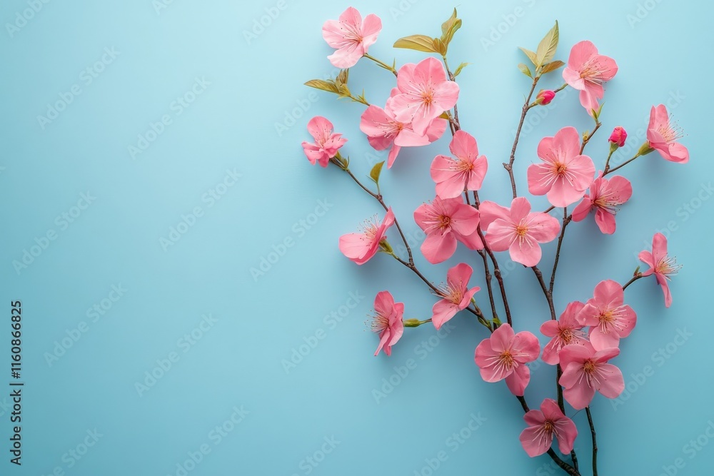 Pink cherry blossoms arranged artistically against a light blue background create a serene and cheerful atmosphere in spring Pink cherry blossoms arranged artistically against a light blue background create a serene and cheerful atmosphere in spring