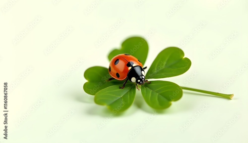 A vibrant ladybug perched on a clover leaf against a fresh white background A vibrant ladybug perched on a clover leaf against a fresh white background