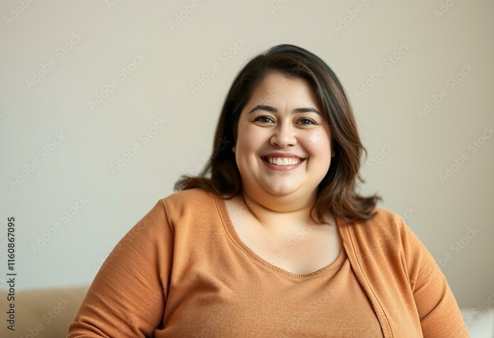 Portrait of a happy, overweighted female with a warm smile Portrait of a happy, overweighted female with a warm smile