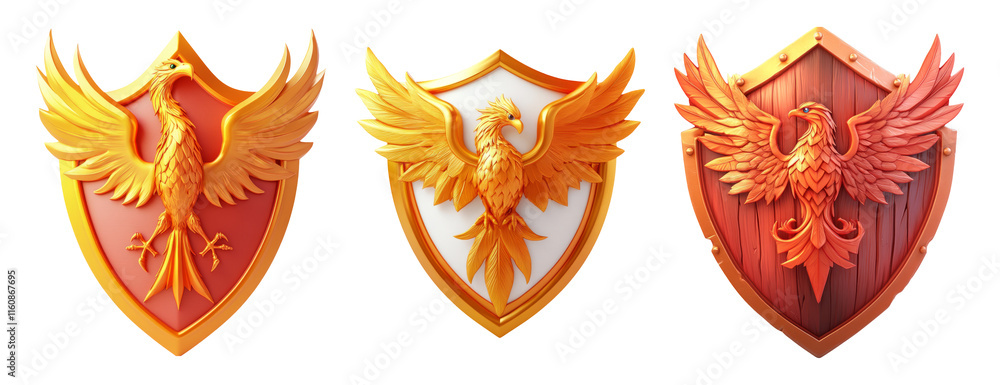 Fototapeta premium Three Elegant Phoenix Shields Isolated on Transparent Background