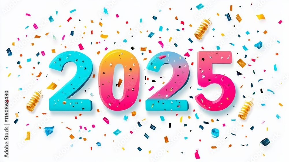 Happy New Year 2025. Modern colorful lettering design. Bright color numbers on white background. Happy New Year 2025. Modern colorful lettering design. Bright color numbers on white background.