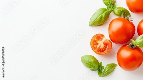 Ripe red tomatoes with fresh green basil leaves arranged on a clean white background, offering a minimalist and vibrant stock image of Italian inspired freshness photo