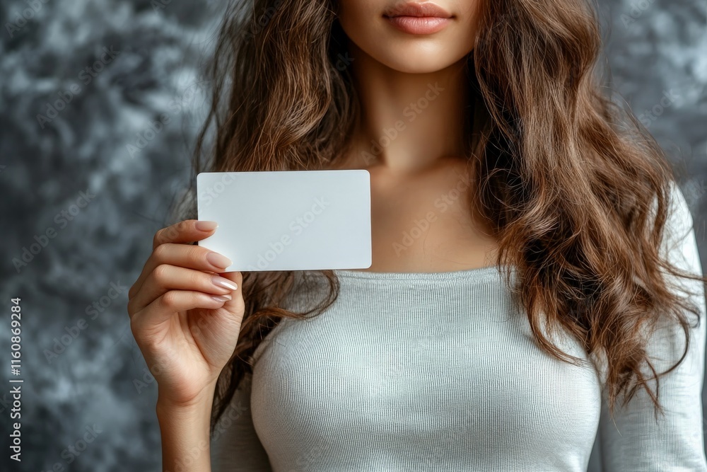 Woman holding a blank card in front of a textured background during daylight Woman holding a blank card in front of a textured background during daylight
