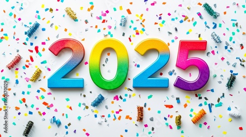 Happy New Year 2025. Modern colorful lettering design. Bright color numbers on white background.