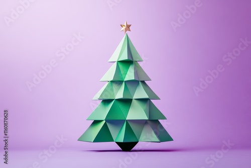 Abstract Christmas Tree Made of Green Triangles on Light Purple Background, Detailed Photograph for Holiday Decorations and Seasonal Designs photo