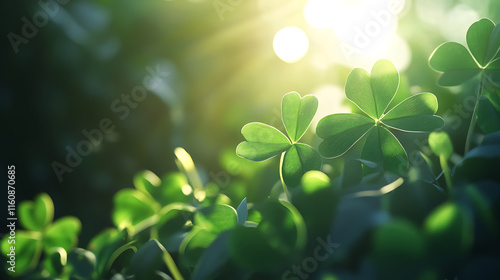 Wallpaper Mural Lucky Shamrock Leaf Illuminated by Golden Sunlight, A close-up of a vibrant green shamrock leaf bathed in warm, golden sunlight. Torontodigital.ca