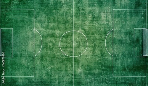 High angle view of a textured green soccer field.