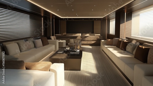 Luxurious yacht interior lounge with beige sofas, wooden coffee table, and natural light. photo