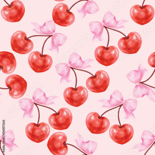 Heart Cherry Seamless Pattern. Watercolor style. For textile, wallpaper and so on. You can change the background color from the EPS file.