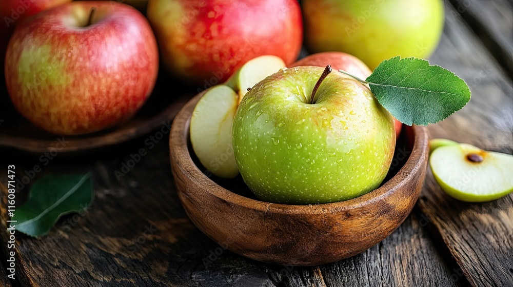 Ripe red and green apples in wooden bowl on rustic table. Ripe red and green apples in wooden bowl on rustic table.