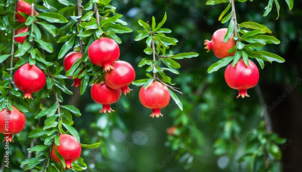 green branches of trees hanging with pomegranate fruits green branches of trees hanging with pomegranate fruits