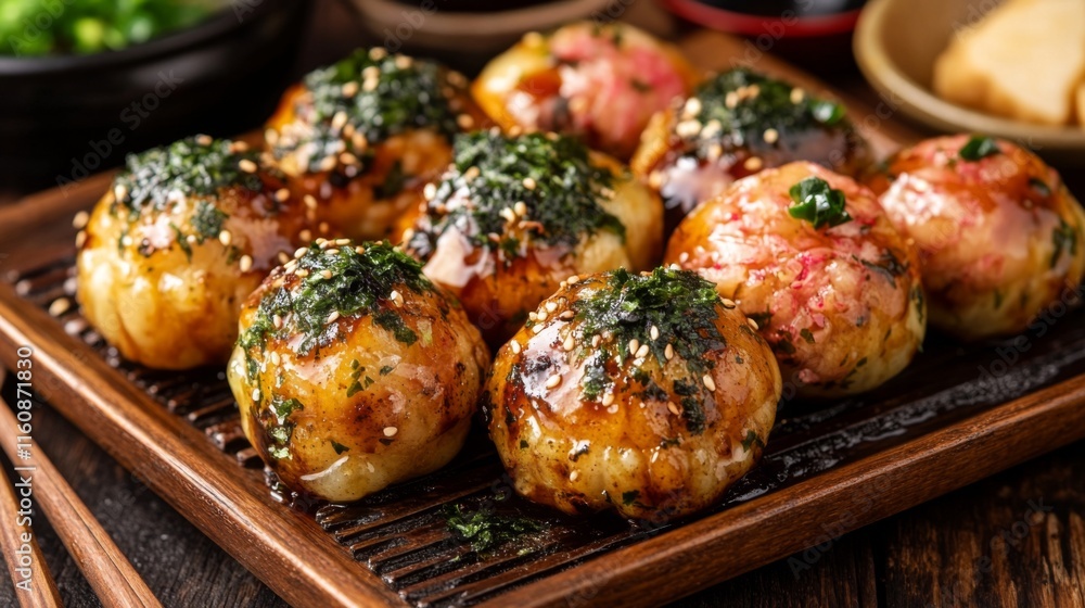 Delicious Grilled Takoyaki Balls Topped with Seaweed and Sesame Seeds Delicious Grilled Takoyaki Balls Topped with Seaweed and Sesame Seeds