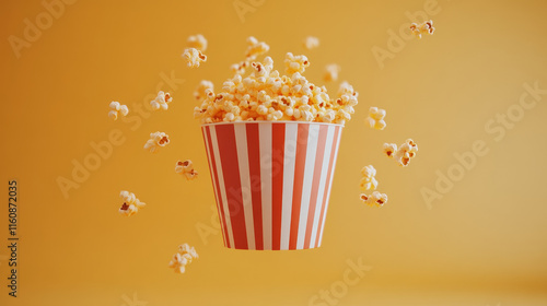 Flying popcorn flakes with bucket. Striped pop corn box realistic vector mock up, white and red paper container with snack seeds floating in air, 3d concept for cinema or movie theater promotion photo