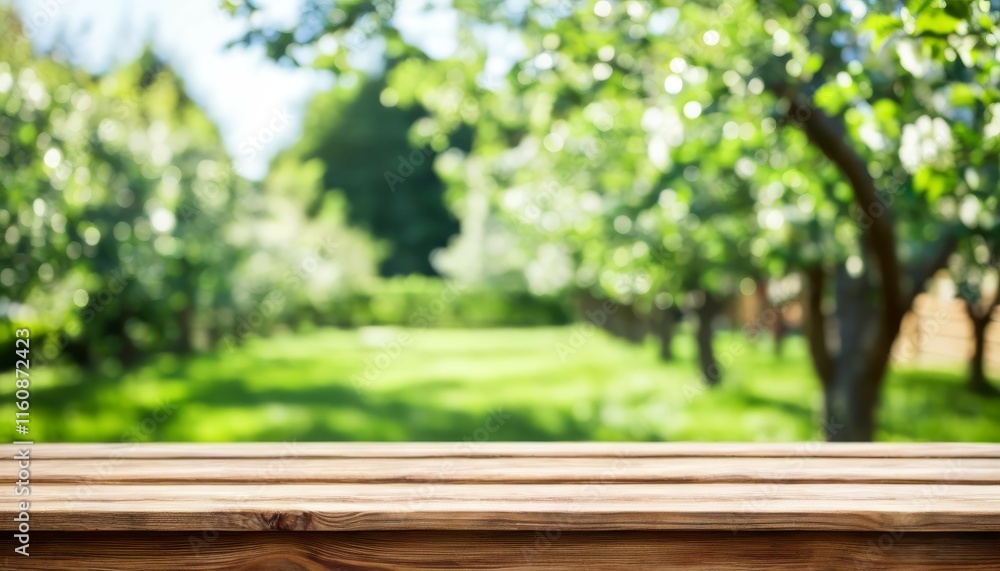 wooden podium table with a vague background of green flowering trees in the background, for product presentation, advertising wooden podium table with a vague background of green flowering trees in the background, for product presentation, advertising