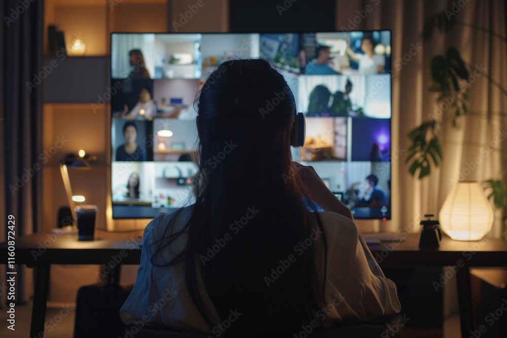 Female employee attends online event briefing with diverse colleagues. Female employee attends online event briefing with diverse colleagues.