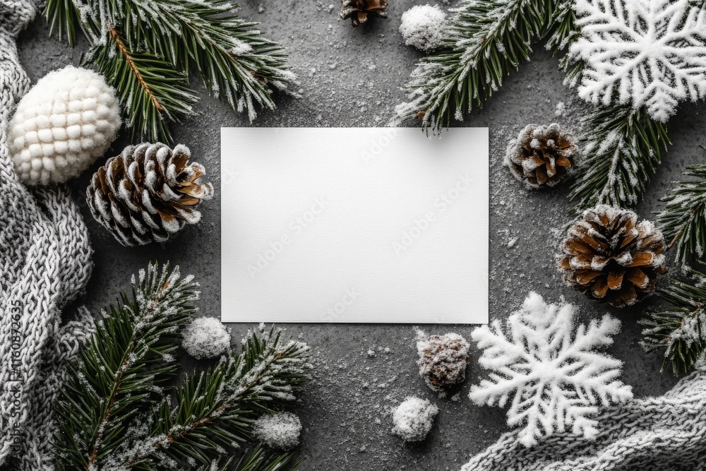 Blank card surrounded by winter decorations on a textured surface with pinecones and greenery Blank card surrounded by winter decorations on a textured surface with pinecones and greenery