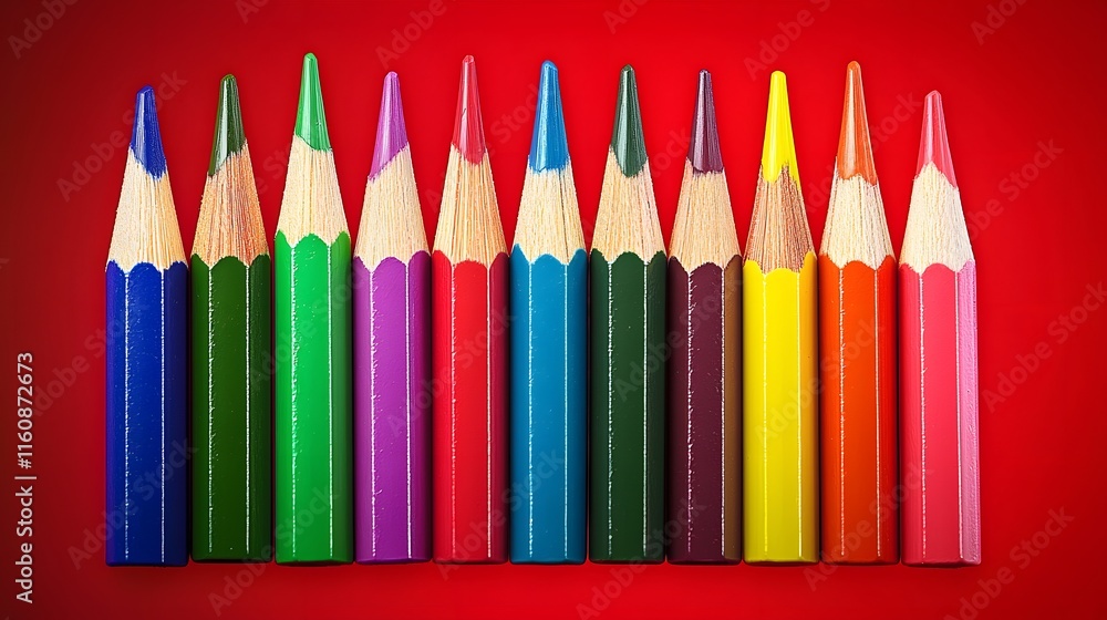 Colorful Pencils Arranged in a Neat Row Against Red Background Colorful Pencils Arranged in a Neat Row Against Red Background