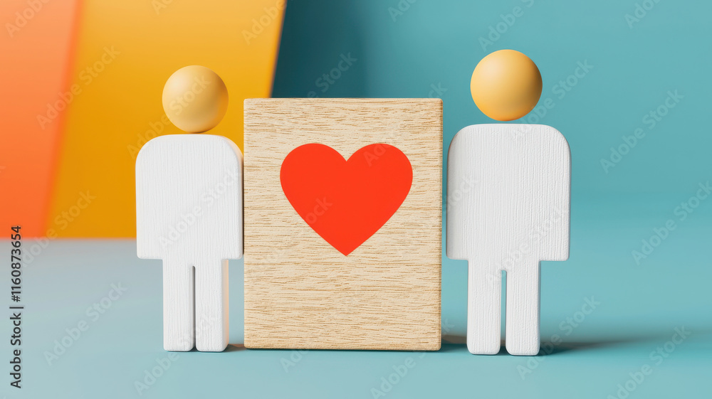 Valentine Wooden Block Concept, Wooden figures with heart block symbolize love and connection in colorful setting