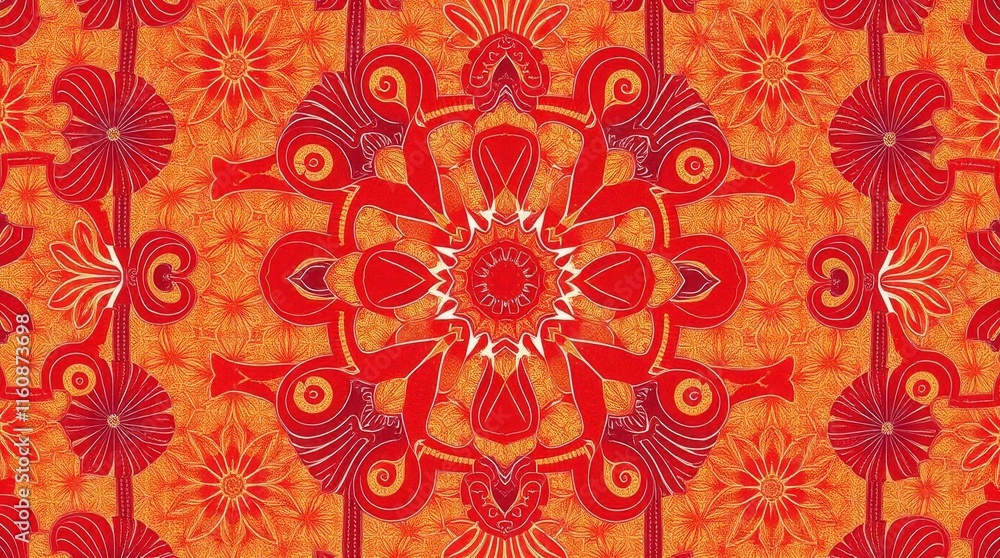 A vibrant, intricate pattern featuring bold red floral designs on a warm orange background, creating a striking visual effect. A vibrant, intricate pattern featuring bold red floral designs on a warm orange background, creating a striking visual effect.