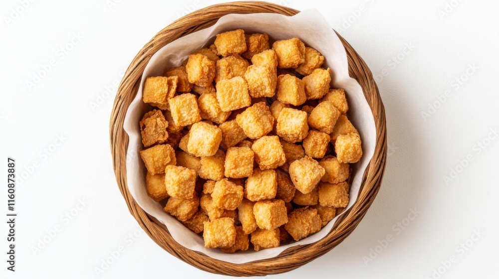 Crispy Golden Fried Snack Cubes in a Wooden Basket Presentation Crispy Golden Fried Snack Cubes in a Wooden Basket Presentation